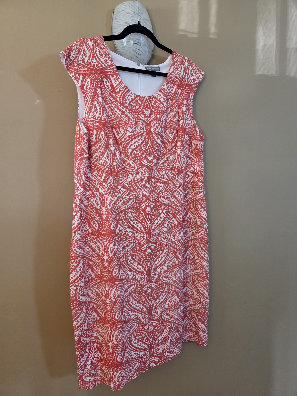 Jessica London Coral and White Asymmetrical Paisley Shift Dress